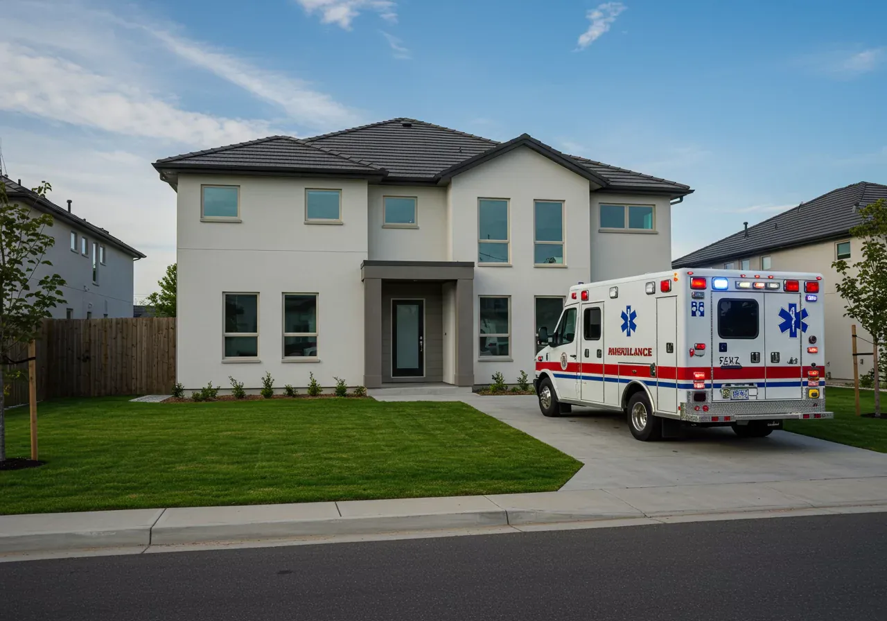 Emergency vehicle parked in front of house
